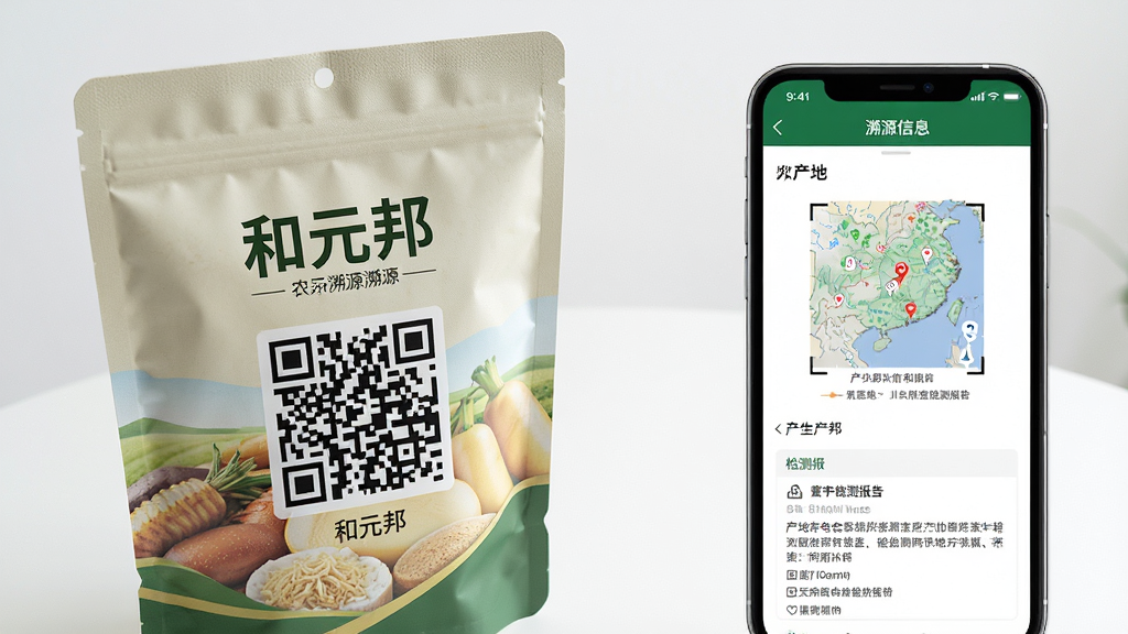 画面主体为一袋包装精美的农产品,包装袋上印有“和元邦”溯源二维码。旁边是一部手机,屏幕上显示着扫码后出现的溯源信息页面,包括产地地图和检测报告。背景为干净的白色桌面,光线明亮。布局采用左右对比,产品与手机并排摆放。风格为商业产品摄影风,色彩真实自然。细节上包装袋质感清晰,二维码可识别。画质为超高清,干净,无杂乱背景。