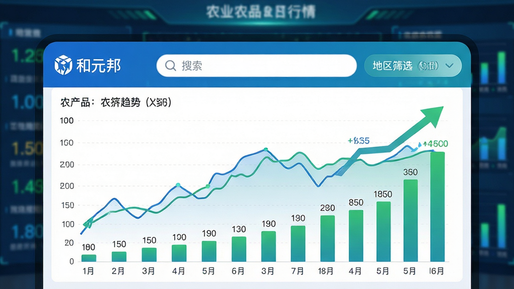 画面主体为“和元邦”APP的行情页面,屏幕上显示着折线图和柱状图,展示着不同农产品的价格走势,界面顶部有搜索框和地区筛选按钮。背景为现代化的农业数据大屏,隐约可见数字跳动。布局采用屏幕居中,图表线条清晰。风格为科技数据可视化风,色彩以蓝色和绿色为主。细节上数据标签清晰,趋势箭头明显。画质为高清,干净,无多余元素。