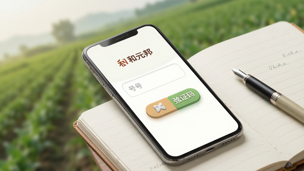 画面主体为一部智能手机,屏幕上显示“和元邦”APP的注册登录界面,界面中有手机号输入框和验证码按钮。手机旁边放着一本笔记本和一支笔,背景是模糊的农田景色。布局采用斜角俯拍,手机屏幕清晰可见。风格为清新田园风,色彩柔和。细节上界面按钮有立体感,文字清晰。画质为高清,干净,无多余元素。