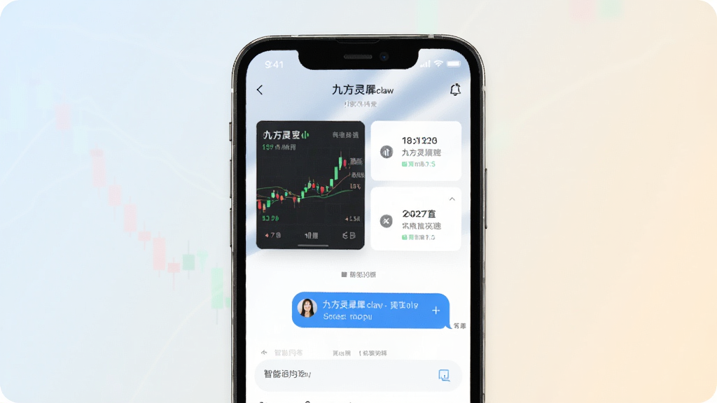 一张展示九方灵犀claw应用主界面的手机预览图,画面中央是手机屏幕,屏幕内显示股票行情卡片和智能问答对话框,背景为浅色渐变,整体风格简洁现代,画面干净,画质清晰,无多余元素