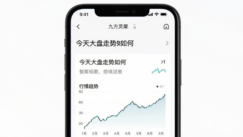 九方灵犀claw智能问答功能界面展示,手机屏幕中显示用户输入“今天大盘走势如何”后,应用返回简洁的行情摘要和趋势图,背景为纯白色,界面元素排列整齐,风格清爽,画质干净清晰
