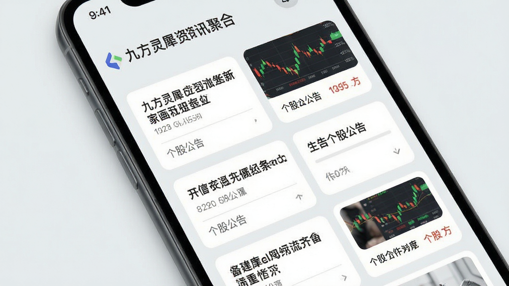 九方灵犀claw财经资讯聚合页面展示,手机屏幕中显示多条财经新闻标题和个股公告卡片,界面采用卡片式布局,背景为浅灰色,文字清晰,风格商务简约,画质干净