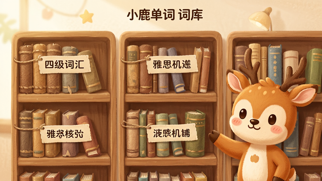 小鹿单词词库选择界面,画面中显示多个书架排列整齐,每个书架上标注不同词库名称如四级词汇、雅思核心等,小鹿吉祥物在书架旁指引,风格温馨学习氛围浓厚,布局层次分明,细节包含书本纹理和标签,画质高清,干净无多余元素