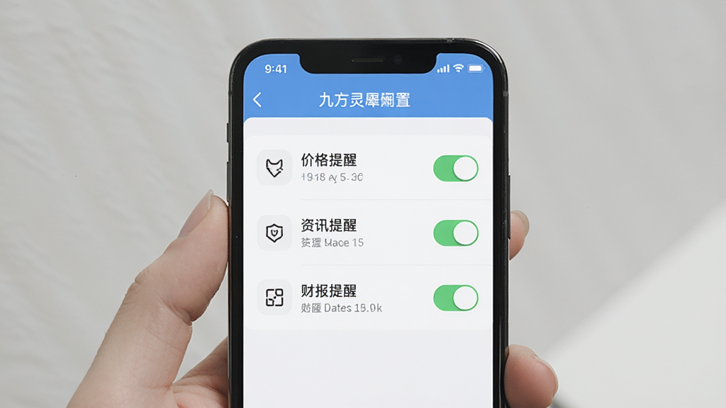 九方灵犀claw提醒设置界面展示,手机屏幕中显示价格提醒、资讯提醒、财报提醒等开关选项,界面采用列表布局,背景为白色,图标简洁,风格清新,画质干净