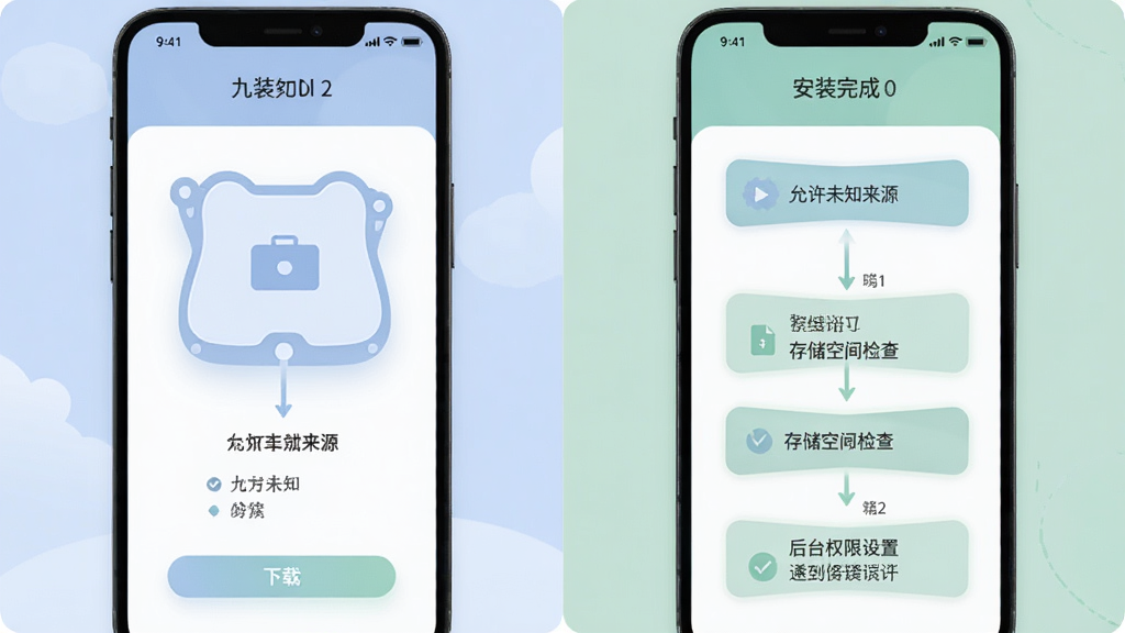 九方灵犀claw新手安装设置流程图,画面展示手机屏幕从下载到安装完成的步骤,包含允许未知来源、存储空间检查、后台权限设置等关键节点,风格扁平化,配色柔和,画质清晰,无多余装饰