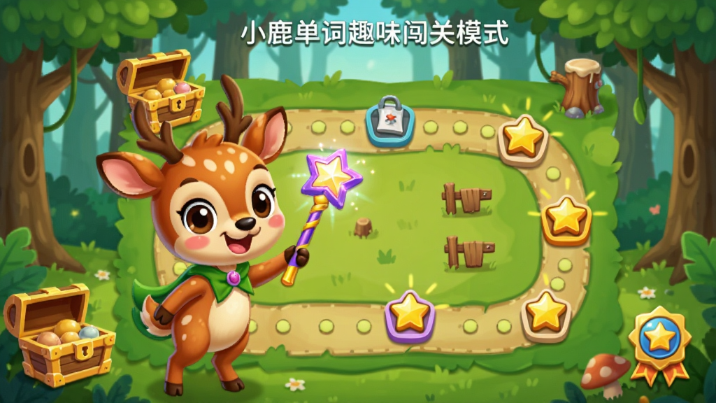 小鹿单词趣味闯关模式界面,卡通小鹿手持魔法棒站在闯关地图前,地图上有多个关卡节点和星星奖励,背景为森林场景,风格活泼可爱,布局呈路径式延伸,细节包含宝箱和徽章元素,画质高清,干净无多余元素
