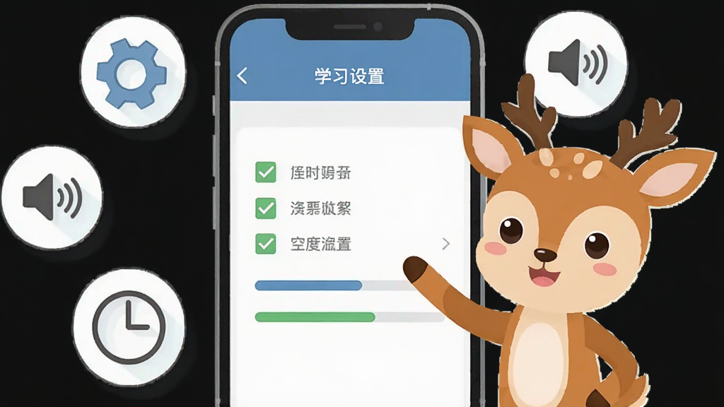 小鹿单词使用技巧示意图,一部手机屏幕显示学习设置界面,旁边有齿轮、音量、时钟等图标环绕,小鹿吉祥物指着设置选项,风格扁平化设计,布局清晰有序,细节包含勾选框和进度条,画质高清,干净无多余元素