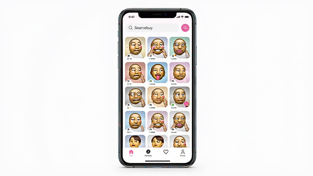 一张展示Memebuy软件主界面的手机样机图,画面中央是一部竖屏智能手机,屏幕内显示Memebuy应用的主页,主页顶部有搜索栏,中间是网格状排列的各类表情包缩略图,底部有导航栏,整体布局清晰,排版整洁,风格为现代简约科技风,细节上手机边缘有轻微反光,屏幕色彩鲜艳,画质高清,干净,无多余元素