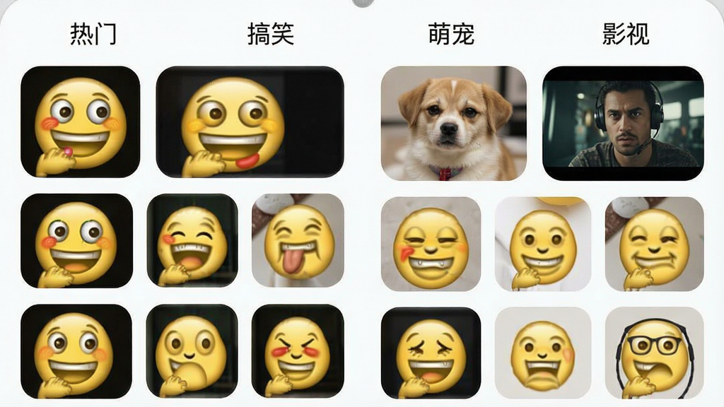 一张展示Memebuy表情包分类页面的手机截图,画面中手机屏幕显示多个表情包分类标签,如“热门”“搞笑”“萌宠”“影视”等,每个分类下方有若干表情缩略图,布局为两列网格,排版整齐,风格为清新浅色系,细节上每个缩略图带有圆角边框,画质高清,干净,无多余元素