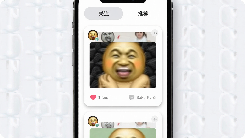 一张展示Memebuy社区互动页面的手机界面图,画面中手机屏幕显示用户上传的表情包作品流,每个作品下方有点赞和评论按钮,顶部有“关注”和“推荐”标签,排版为单列卡片式,风格为柔和圆角设计,细节上卡片有轻微阴影,画质高清,干净,无多余元素
