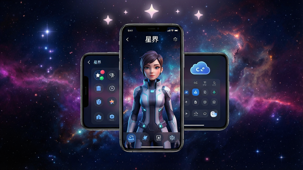一张展示星界应用界面的全景图,画面中央悬浮着一部智能手机,手机屏幕上显示着星界的虚拟角色与云手机控制面板,角色身着未来科技感服饰,背景是深邃的星空与绚丽的星云,画面布局采用居中构图,上方有柔和的星光点缀,整体风格偏向科幻与梦幻结合,细节上突出手机屏幕内的UI图标与虚拟角色的面部表情,画质清晰,色彩饱满,干净无多余元素,图片中打文字“星界”,无杂乱背景。