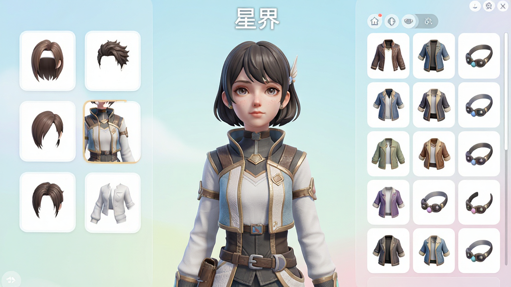 一张展示星界虚拟形象自定义界面的插图,画面主体是一个精致的3D虚拟角色站在中央,周围环绕着发型、服饰、配饰等可更换的图标选项,布局采用左右对称结构,左侧为角色预览,右侧为素材库列表,整体风格清新明亮,细节上突出角色的面部细节与服饰纹理,画质细腻,色彩柔和,干净无多余元素,图片中打文字“星界”。