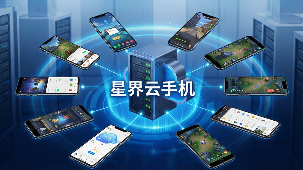 一张展示星界云手机功能的示意图,画面中央是一台悬浮的云服务器,服务器周围连接着多台手机屏幕,屏幕上显示着不同的应用与游戏运行界面,布局采用中心放射状,背景是科技感十足的蓝色光晕,风格偏向商务科技,细节上突出服务器指示灯与手机屏幕内的动态画面,画质清晰,干净无多余元素,图片中打文字“星界云手机”。