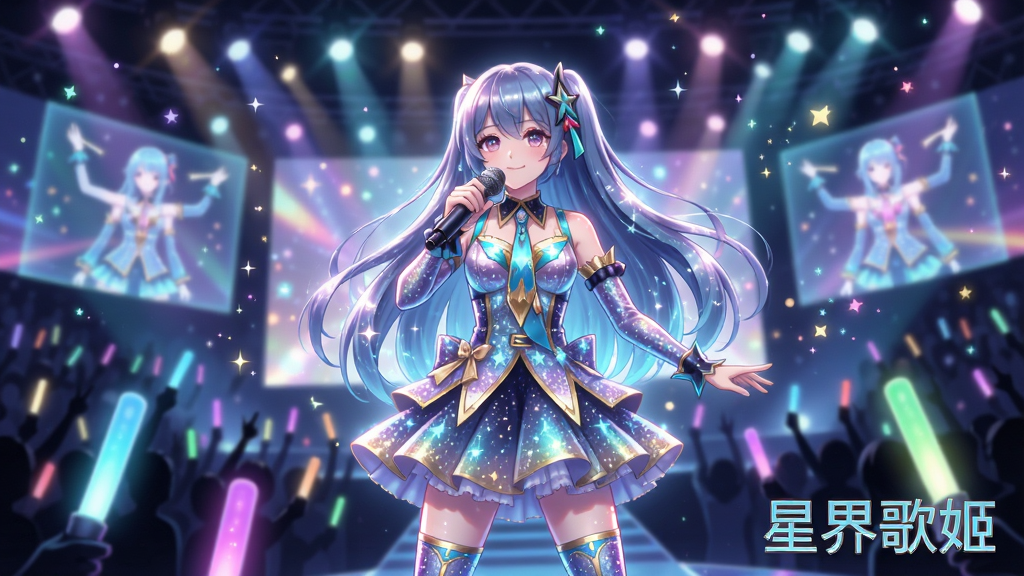 一张展示星界虚拟歌姬舞台表演的插图,画面主体是一位闪耀的虚拟歌姬站在舞台中央,手持麦克风,周围环绕着全息投影与荧光棒,布局采用仰视视角,背景是绚丽的舞台灯光与观众席剪影,风格梦幻华丽,细节上突出歌姬的服装光泽与舞台特效,画质高清,色彩鲜艳,干净无多余元素,图片中打文字“星界歌姬”。
