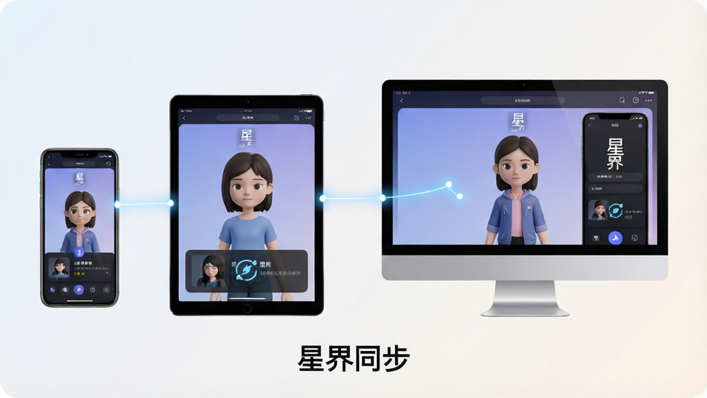一张展示星界多端同步与社交功能的示意图,画面中手机、平板与电脑三台设备并列展示,屏幕上都显示着相同的星界界面与虚拟角色,设备之间用发光的连线连接,背景是简洁的浅色渐变,布局采用横向排列,风格现代简约,细节上突出设备边框与屏幕内的同步图标,画质清晰,干净无多余元素,图片中打文字“星界同步”。
