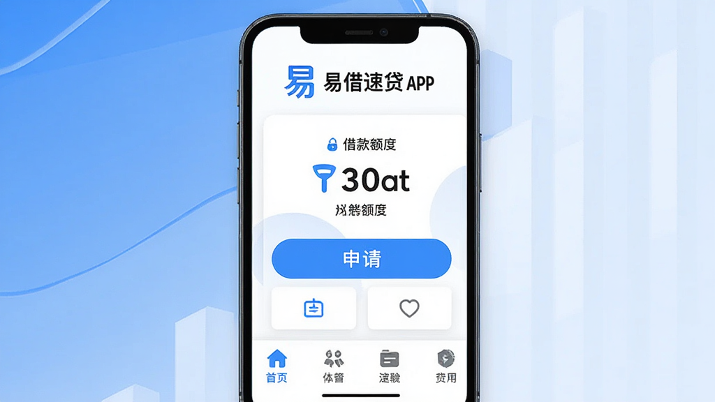 手机屏幕中央展示易借速贷APP界面,上方为品牌标识与名称,中部为借款额度展示区域与申请按钮,下方为功能导航栏。整体采用蓝白配色,布局简洁清晰,风格为现代金融科技扁平化设计,细节包含图标、数字卡片与按钮元素,画质高清,画面干净,无多余元素。
