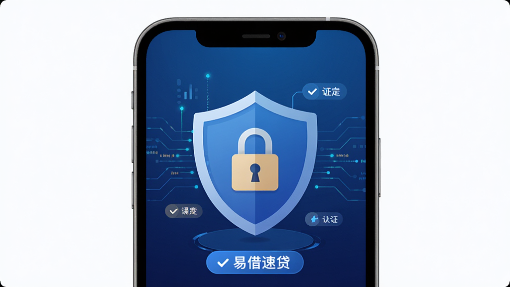 易借速贷APP安全防护界面,手机屏幕中显示盾牌图标与加密锁标识,背景为深蓝色科技感渐变,风格为安全防护主题扁平化设计,细节包含数据流线条与安全认证标签,画质高清,画面干净,无多余元素。