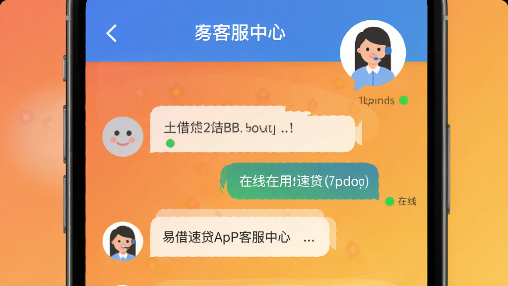 易借速贷APP客服中心界面,手机屏幕中显示对话框与客服头像,背景为暖色调渐变,风格为友好亲切的扁平化设计,细节包含消息气泡与在线状态标识,画质高清,画面干净,无多余元素。
