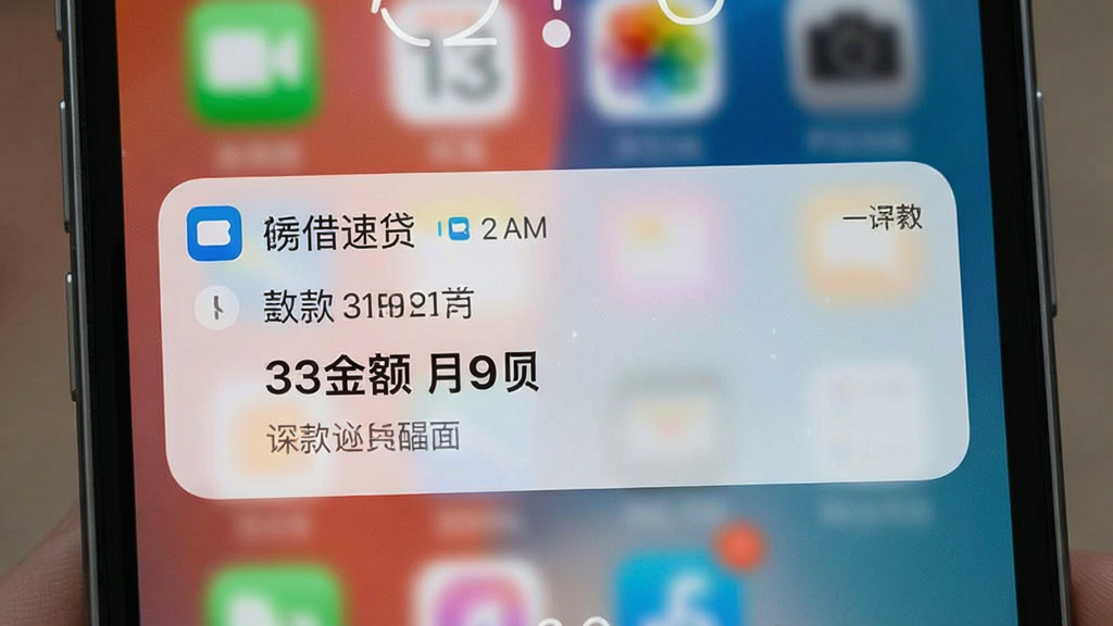 易借速贷APP还款提醒通知界面,手机锁屏状态显示还款日期与金额通知卡片,背景为手机桌面模糊效果,风格为真实使用场景截图风,细节包含通知图标与时间信息,画质高清,画面干净,无多余元素。