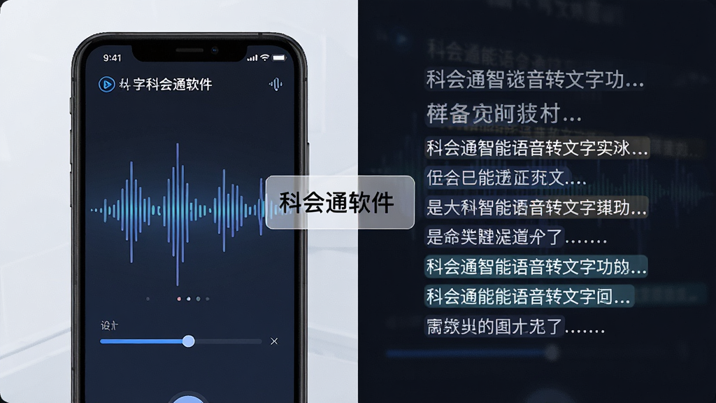 一张表现科会通智能语音转文字功能的图片,主体为手机屏幕与悬浮的文字转换动画,布局采用左右分栏,左侧是声波波形,右侧是逐行浮现的文字段落,排版整齐,风格为清爽科技风,细节包括科会通软件名称标识、转写进度条和文字高亮效果,画质清晰,画面干净,无多余元素。
