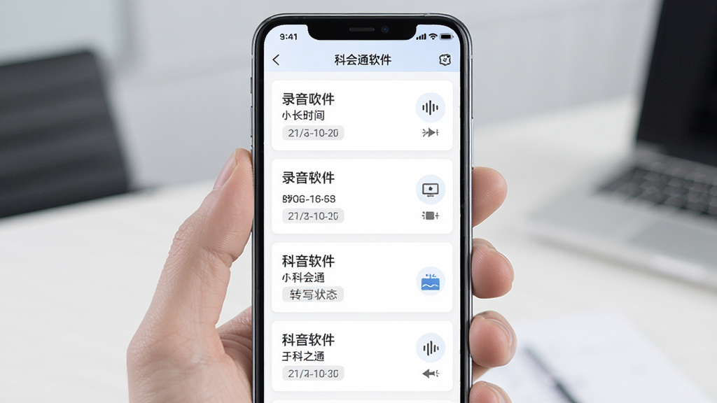 一张展示科会通会议录音管理界面的图片,主体为手机屏幕上的录音文件列表,布局为纵向排列的卡片式列表,排版清晰,风格为简约商务风,细节包括科会通软件名称、录音时长、日期标签和转写状态图标,画质高清,画面干净,无多余元素。