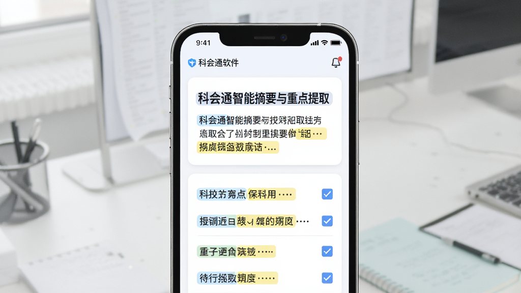 一张表现科会通智能摘要与重点提取功能的图片,主体为手机屏幕上的摘要卡片与关键词高亮文本,布局采用上下结构,上方是摘要标题,下方是重点条目列表,排版规整,风格为现代办公风,细节包括科会通软件名称、高亮标记和待办勾选框,画质清晰,画面干净,无多余元素。