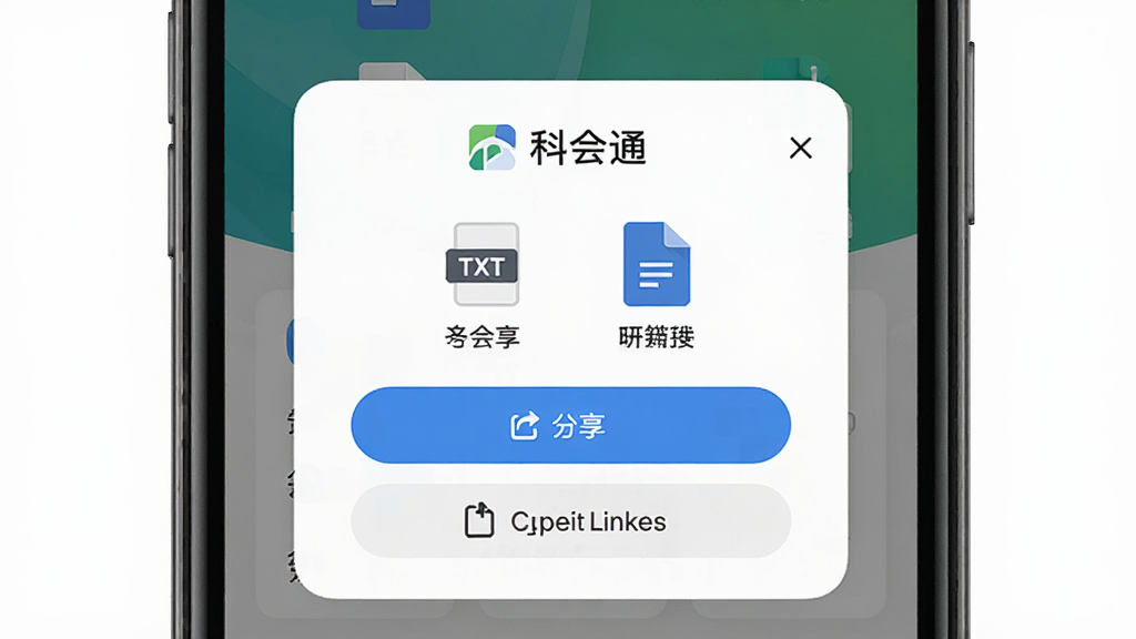 一张展示科会通多格式导出与分享功能的图片,主体为手机屏幕上的导出选项弹窗,布局居中,排版简洁,风格为轻量工具风,细节包括科会通软件名称、TXT与文档图标、分享按钮和复制链接选项,画质高清,画面干净,无多余元素。