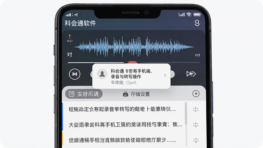 一张展示科会通安卓手机端录音与转写操作界面的图片,主体为手机屏幕,屏幕上显示录音波形和实时转写文字,布局为上下结构,上方是录音控制区,下方是文字列表,排版清晰,风格为现代移动应用风,细节包括科会通软件名称、权限提示弹窗和存储设置入口,画质高清,画面干净,无多余元素。