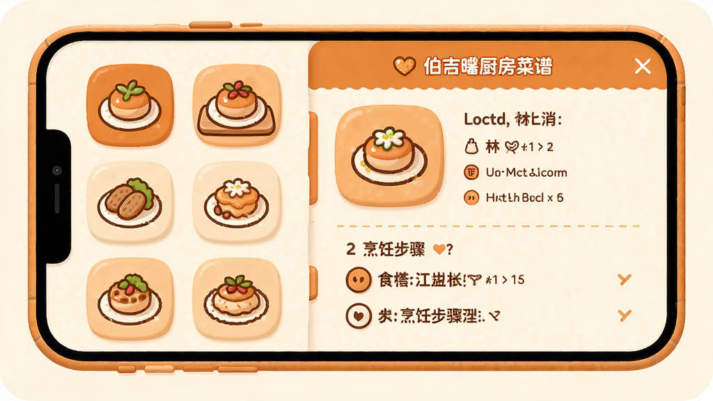 伯吉的温馨厨房菜谱界面展示图,画面为卡通风格手机屏幕截图,左侧列出多道菜品图标,右侧展示当前选中菜品的食材清单与烹饪步骤,界面配色以暖橙和米白为主,布局整洁清晰,风格清新治愈,画质高清干净,无多余装饰元素