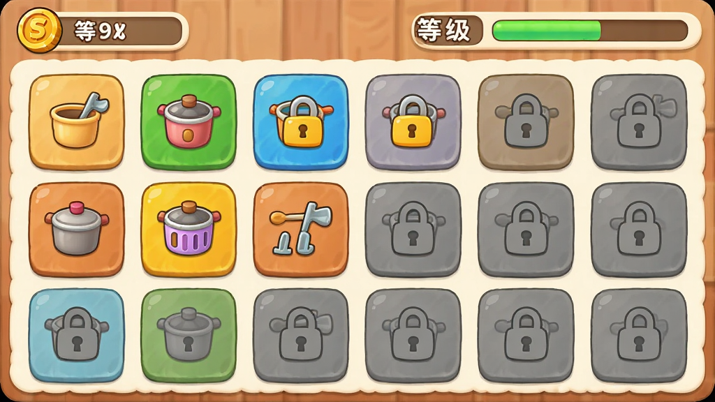 伯吉的温馨厨房厨房升级界面截图,画面展示多个厨具设备图标排列整齐,部分设备已解锁显示彩色,部分处于灰色锁定状态,顶部有金币和等级进度条,整体布局清晰直观,风格卡通可爱,色调温暖柔和,画质清晰干净,无多余元素