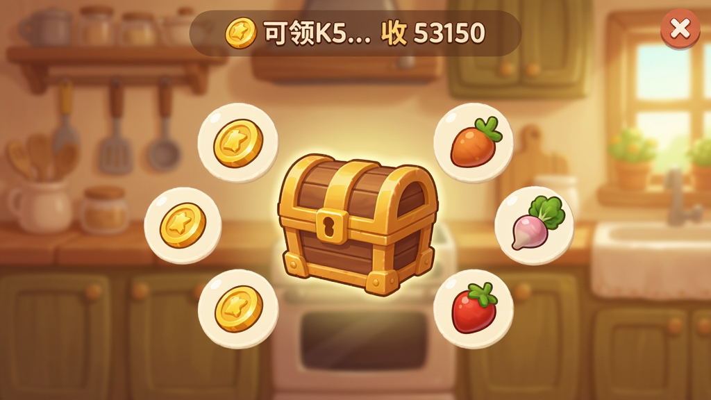 伯吉的温馨厨房离线收益领取界面截图,画面中央弹出一个宝箱图标,周围环绕金币和食材奖励图标,背景为温馨厨房场景虚化处理,顶部显示可领取的收益数值,整体风格简洁明快,色调温暖,画质清晰干净,无多余元素