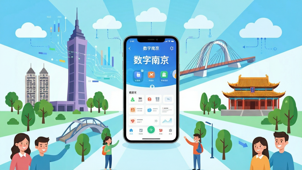 一幅展示智慧城市生活的全景插画,画面中央是一部智能手机,屏幕显示“数字南京”应用界面,周围环绕着南京地标建筑如紫峰大厦、南京眼步行桥、夫子庙等元素,布局采用中心辐射式构图,风格为现代扁平化科技风,细节包括数据流线条、云朵、绿树和微笑的人群,画质高清,色彩明亮干净,无多余元素