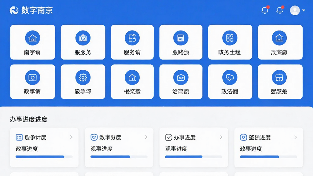 一幅AI生图,主体为“数字南京”应用内的政务办事大厅界面,布局为上下分栏,上方为服务分类图标矩阵,下方为办事进度卡片列表,风格为清爽简约的UI设计风,细节包括蓝色主色调、白色卡片、圆形图标和进度条,画质高清,界面干净无杂乱