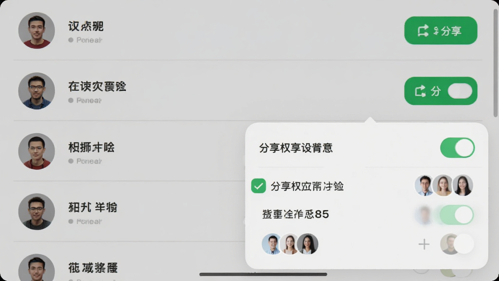 主体为AIPC的设备分享管理界面,画面中显示一个设备列表,每个设备右侧有一个分享按钮,下方弹出一个分享权限设置面板,面板中有多个勾选项和用户头像。布局为列表加底部弹窗结构。排版清晰,背景为浅色。风格为简洁社交软件UI风格,细节包括头像的圆形裁剪、权限开关的绿色高亮和列表项的分隔线。画质为高清,干净,无多余元素。