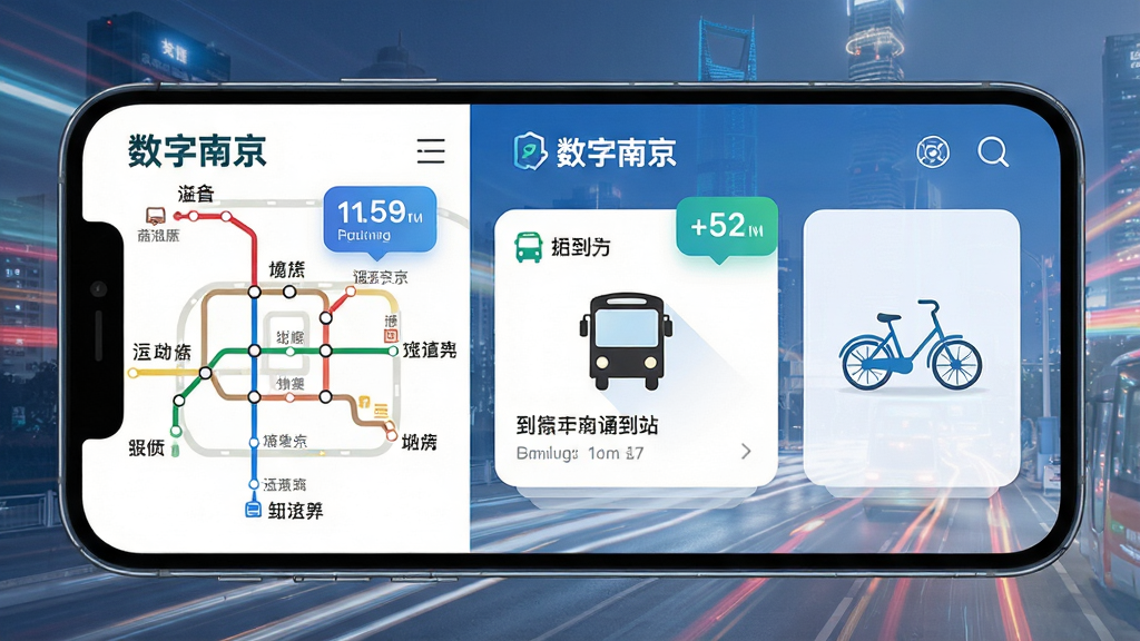 一幅展示城市交通出行场景的AI生图,主体为手机屏幕显示“数字南京”交通出行页面,布局采用三分法构图,左侧为地铁线路图,中间为公交到站卡片,右侧为共享单车图标,风格为现代科技感,细节包括流动的交通光轨、清晰的站点名称和实时数据气泡,画质锐利,画面干净