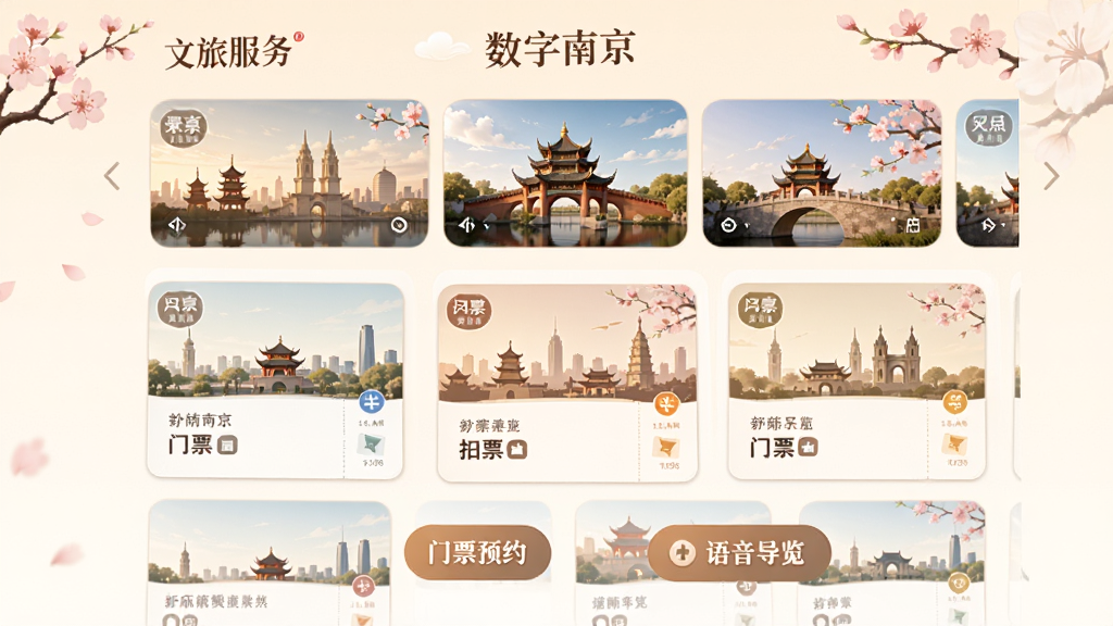 一幅AI生图,主体为“数字南京”文旅服务界面,布局为卡片式瀑布流,上方为景点轮播图,下方为门票预约和语音导览按钮,风格为温暖文艺风,细节包括南京地标剪影、樱花元素和淡雅配色,画质高清,画面干净整洁