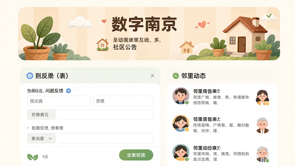 一幅AI生图,主体为“数字南京”社区互动页面,布局为上下结构,上方为社区公告横幅,下方为问题反馈表单和邻里动态列表,风格为亲切生活化,细节包括绿植、房屋图标和居民头像,画质清晰,画面无多余装饰