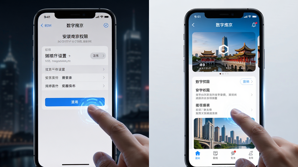 一幅AI生图,主体为“数字南京”应用在手机上的操作演示场景,布局为左右分屏,左侧展示安装权限设置界面,右侧展示应用主界面,风格为写实科技风,细节包括手指点击屏幕的动作、清晰的设置选项文字和明亮的屏幕光效,画质高清,画面干净无杂物