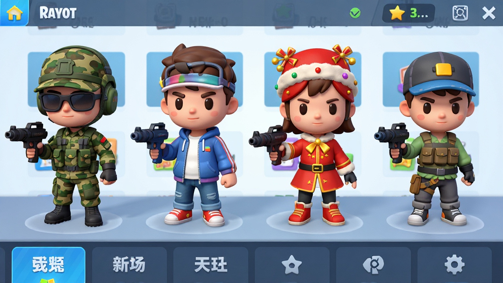迷你枪战精英游戏内角色装扮界面展示图,画面中央排列多个Q版迷你角色身穿不同风格的服装和配饰,包含迷彩服、休闲装、节日限定装扮等,每个角色手持不同武器,背景为简洁的游戏商城界面,底部有分类标签栏,整体风格为卡通3D渲染,色彩鲜艳饱满,布局整齐有序,画质清晰明亮,干净无多余元素