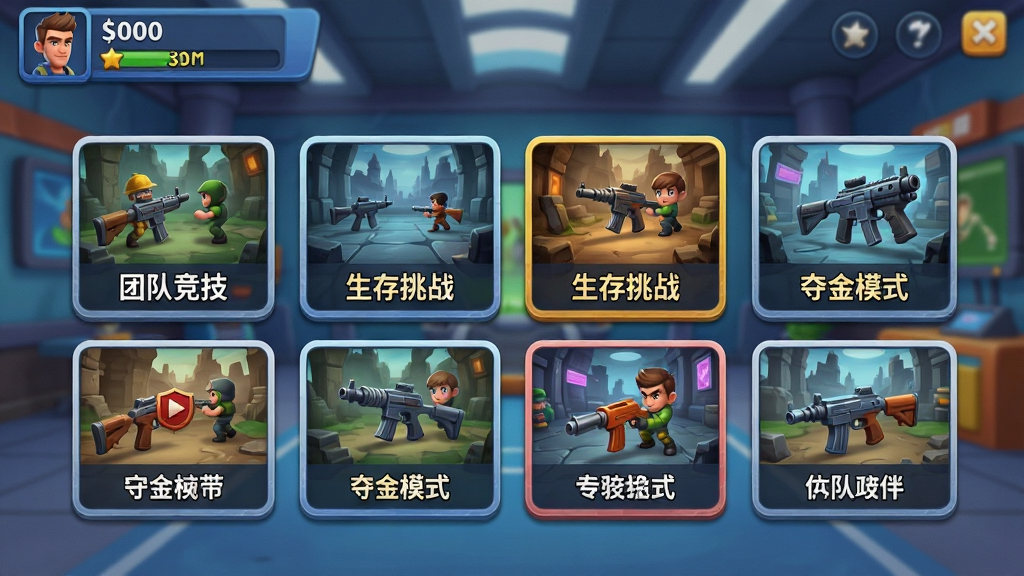 迷你枪战精英游戏模式选择界面展示图,画面中央以卡片形式排列多种对战模式入口,包含团队竞技、生存挑战、夺金模式等,每个模式卡片配有对应的场景缩略图和模式名称,背景为游戏大厅界面,顶部显示玩家头像和等级信息,整体风格为卡通3D渲染,布局对称美观,色彩明快,画质清晰,干净无多余元素