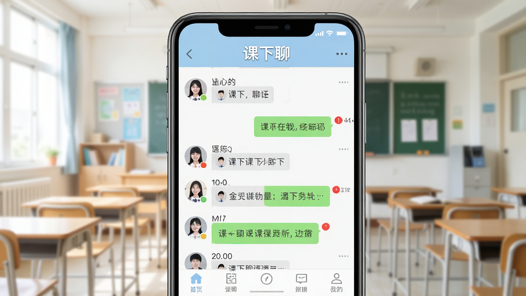 课下聊软件主界面展示,画面中央是手机屏幕,屏幕内显示课下聊聊天列表界面,有多个聊天群组和联系人头像,顶部有课下聊文字标识,背景是明亮的教室场景,风格清新简约,细节包括聊天气泡、未读消息红点、底部导航栏,画质清晰,干净,无多余元素