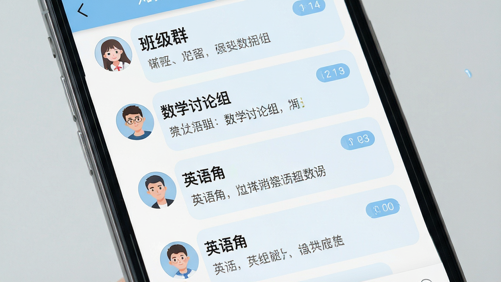 课下聊群组聊天界面,画面展示手机屏幕内多个学习群组排列,群组名称包含班级群、数学讨论组、英语角等,每个群组右侧显示未读消息数量,界面配色为淡蓝色和白色,风格清爽,细节有群头像、群名称、消息预览文字,画质清晰,干净,无多余元素