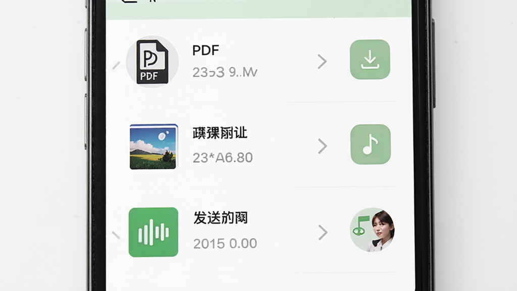 课下聊文件共享功能界面,画面展示手机屏幕内文件列表,文件类型包括PDF文档、图片、音频文件,每个文件显示名称、大小、发送者头像,界面简洁,配色以白色和浅绿色为主,细节有文件图标、下载按钮、时间戳,画质清晰,干净,无多余元素