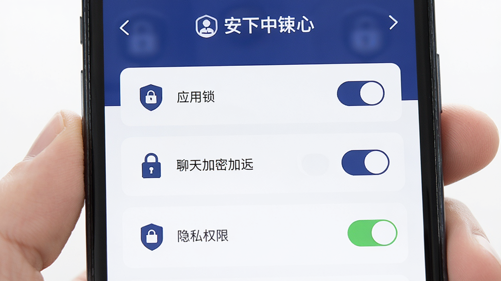 课下聊隐私安全设置界面,画面展示手机屏幕内安全中心页面,包括应用锁、聊天加密、隐私权限等选项,界面风格稳重,配色为深蓝色和白色,细节有盾牌图标、锁形图标、开关状态,画质清晰,干净,无多余元素