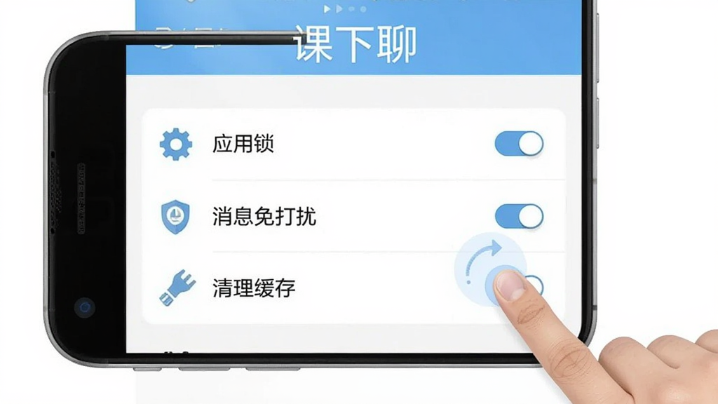 课下聊安卓版使用教程示意图,画面展示手机屏幕内课下聊设置页面,有应用锁、消息免打扰、清理缓存等选项,旁边有手指点击操作示意,风格简洁直观,配色为白色和浅蓝色,细节有齿轮图标、开关按钮、文字标注,画质清晰,干净,无多余元素