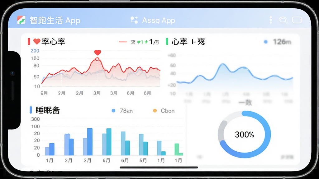 智跑生活APP健康数据监测页面截图,主体为手机屏幕,布局上下分栏,排版整齐,风格为清爽数据可视化风格,细节包含心率折线图、睡眠柱状图、步数圆环图,画质高清,干净,无多余元素