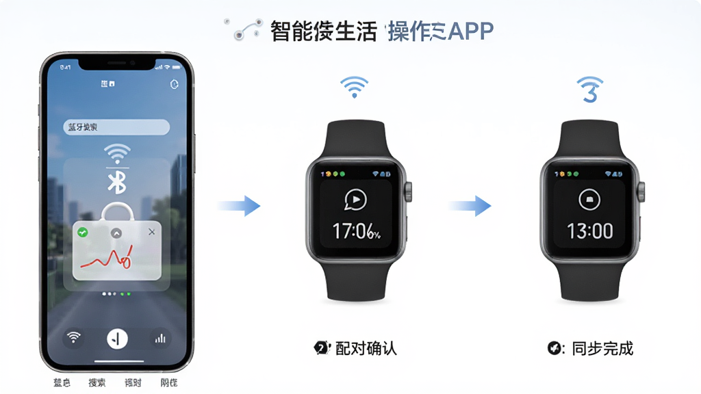 智跑生活APP连接智能手表的操作流程图,主体为手机和手表,布局为左右分步展示,排版为三步流程图,风格为简洁教程风,细节包含蓝牙搜索、配对确认、同步完成三个画面,画质高清,干净,无多余元素