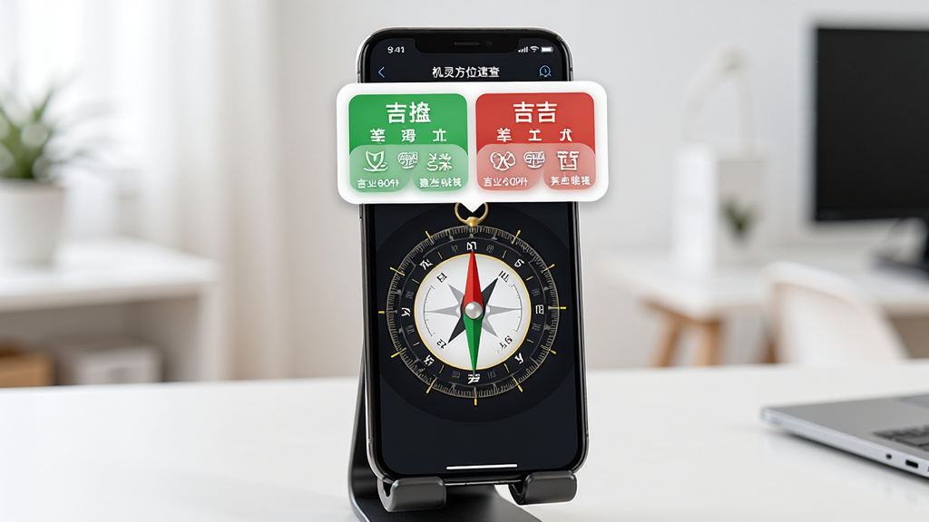 手机屏幕展示机灵易奇问罗盘的吉凶方位速查界面,罗盘指针指向某一方位,屏幕上方弹出吉凶提示卡片,用绿色与红色区分吉凶。背景为简洁的室内环境,手机立于桌面支架上。风格为生活化写实,光线明亮,细节清晰,画质高清,画面干净,无多余元素。