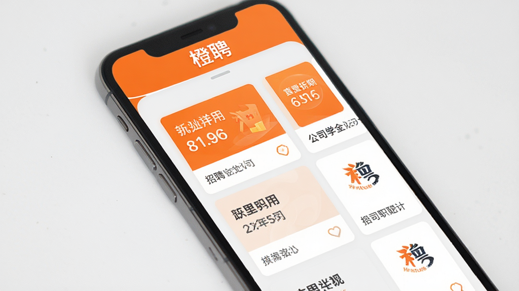 手机屏幕中央显示橙色主题的招聘应用界面,顶部有