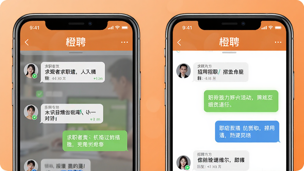 两个手机屏幕并排展示聊天对话界面,左侧屏幕显示求职者发送消息,右侧屏幕显示招聘方回复消息,屏幕上方有